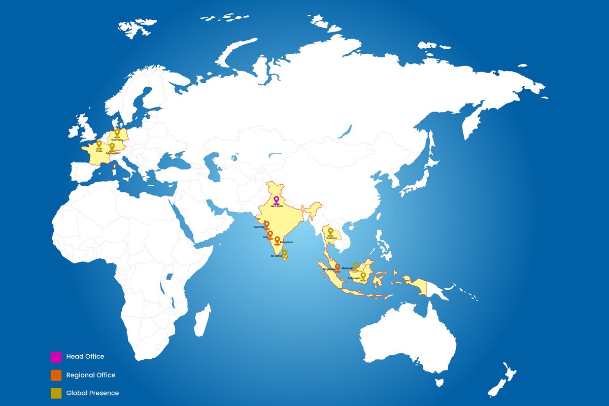 Map showing Occasion Xperts' head office in New Delhi, regional offices and global presence across India, Southeast Asia and Europe